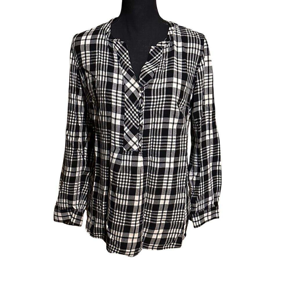 Talbots Womens Medium Plaid Ruffle Split Neck Popover Blouse Long Sleeve Cotton